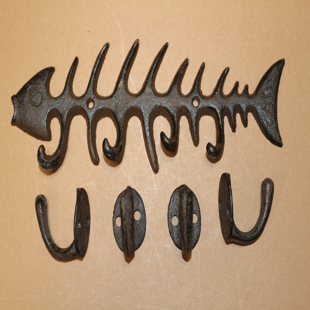 Hungry Fish Cast Iron Fishbone Key Hook Rack Set Rustic Brown, Pack of 5