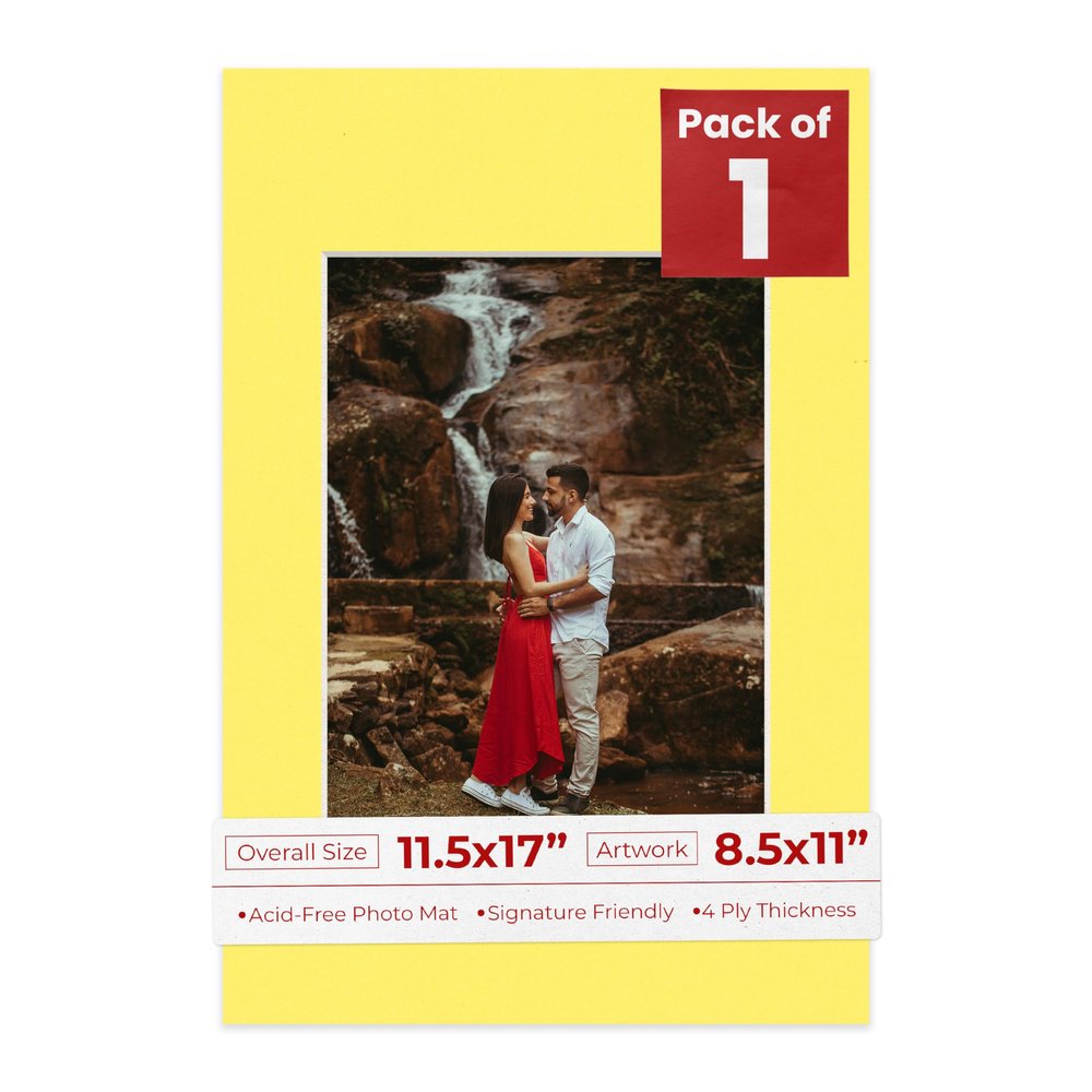 Poster Palooza 11.5x17 Mat Bevel Cut for 8.5x11 Photos - Acid Free Yellow Precut Matboard - For Pictures, Photos, Framing - 4-ply Thickness
