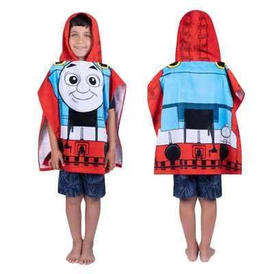 Thomas & Friends Kids Beach/Pool/Bath/Camping Hooded Towel Poncho 24" X 22", Absorbent Cotton Cover up, (Official Licensed Thomas & Friends Product) By Franco