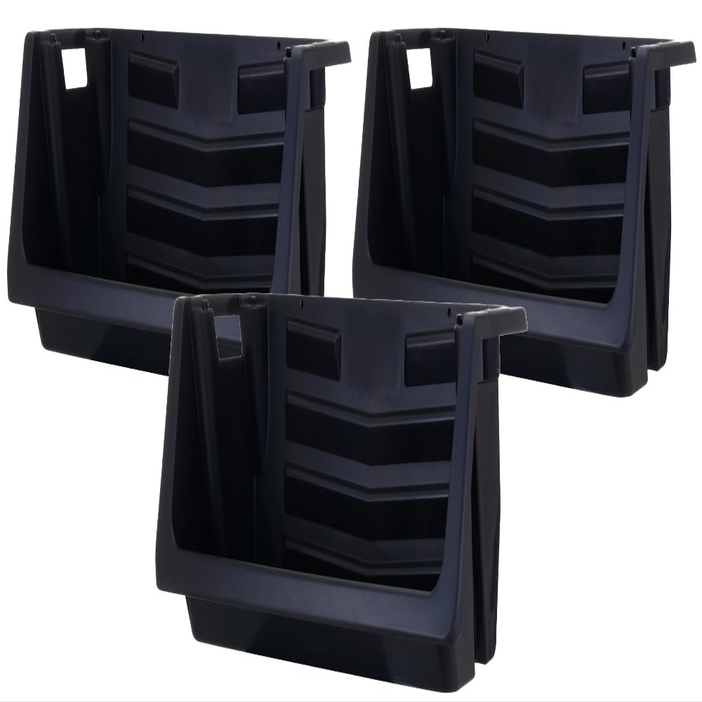 Mighty Tuff Heavy Duty Nesting Stack Bins, Pack of 3, Extra-Large Handles, Wide Front Opening, Interlocking, Stack Vertically, Holds Up To 100 Pounds, Black