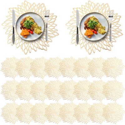 Chengu 80 Pieces Round Pressed Vinyl Placemats Metallic Hollow Out Leaf Flower Table Mats Decorative Wedding Round Placemat for Holiday Party Reception Home Kitchen Dining Table(Gold)