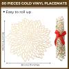 Chengu 80 Pieces Round Pressed Vinyl Placemats Metallic Hollow Out Leaf Flower Table Mats Decorative Wedding Round Placemat for Holiday Party Reception Home Kitchen Dining Table(Gold) view 2