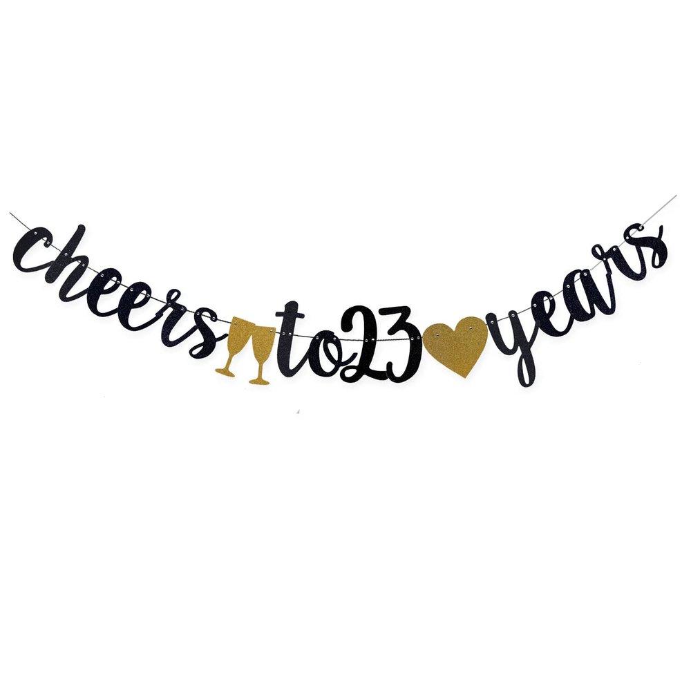 Cheers to 23 Years Banner Black Paper Sign Pre-Strung - Happy 23th Birthday Party Decorations - 23th Wedding Anniversary Decorations