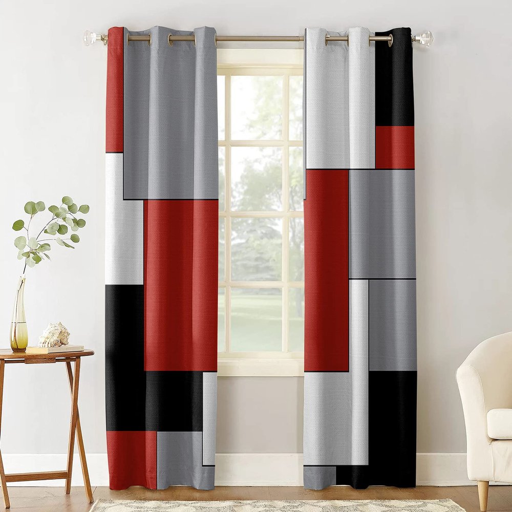 Red Black and Grey Blackout Curtains 42x84 inch Length 2 Panels Set, Modern Patchwork Art Abstract Room Darkening Curtains Grommet Thermal Insulated Window Drapes for Living Room Bedroom Decor