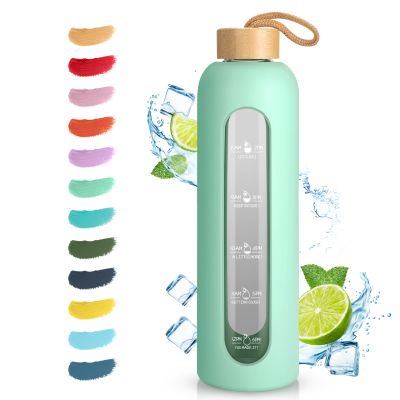 Sursip 32 oz Glass Water Bottle with Time Marker,1 Liter BPA-Free Reusable Motivational Water Bottle with Non-Slip Silicone Sleeve and Bamboo Lid, Leak-Proof, Dishwasher Safe