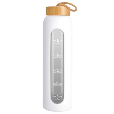 Sursip 32 oz Glass Water Bottle with Time Marker,1 Liter BPA-Free Reusable Motivational Water Bottle with Non-Slip Silicone Sleeve and Bamboo Lid, Leak-Proof, Dishwasher Safe