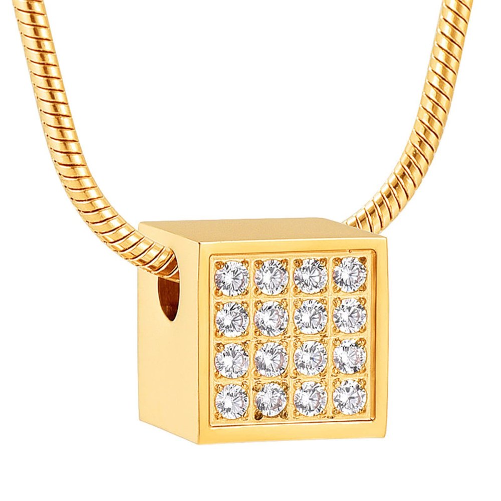 SHEIL Cube with Crystals Urn Pendant for Ashes Women Keepsake Jewelry Stainless Steel Square Funeral Memorial Ash Jewellery
