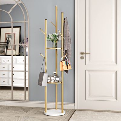 DOORXIFO Metal Gold Coat Racks Freestanding, Coat Hanger Stand, Hall Tree Rack for Hanging Hats, Scarves, Bags, Modern Coat Rack with Double Shelves, Corner Coat Rack, 9 Hooks, Gold