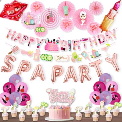 Hombae Spa Party Supplies for Girls, Spa Makeup Birthday Party Decorations Pink Spa Day Salon Themed Lipstick Cosmetics Fan Cutout Pom Happy Birthday Banner Balloon Cake Cupcake Topper