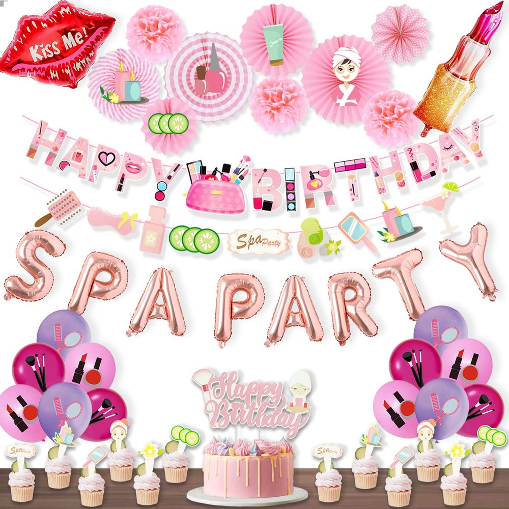 Hombae Spa Party Supplies for Girls, Spa Makeup Birthday Party Decorations Pink Spa Day Salon Themed Lipstick Cosmetics Fan Cutout Pom Happy Birthday Banner Balloon Cake Cupcake Topper