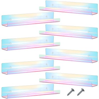 Blulu 8 Packs 14 Inch Acrylic Floating Shelf Wall Mounted Invisible Acrylic Shelf Ledge Floating Bookshelf for Living Room Office Bedroom Bathroom Kitchen Decoration Space Save (Iridescent)