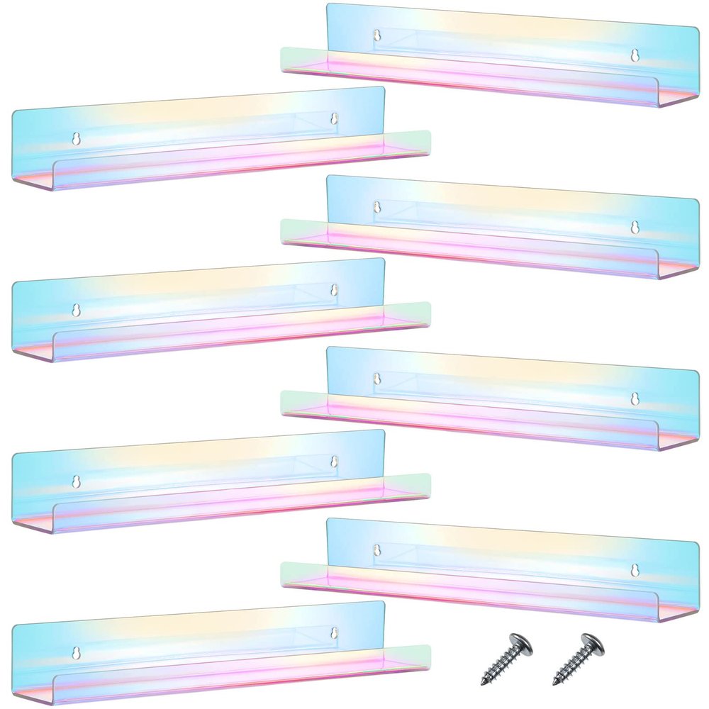 Blulu 8 Packs 14 Inch Acrylic Floating Shelf Wall Mounted Invisible Acrylic Shelf Ledge Floating Bookshelf for Living Room Office Bedroom Bathroom Kitchen Decoration Space Save (Iridescent)
