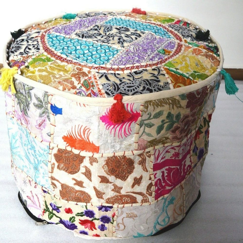 Bohemian Patchwork Ottoman Vintage Indian Pouf pouffe pouffes Foot Stool Cover (18" x 18" x 14" Inch)