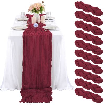 10 Pcs Burgundy Cheesecloth Table Runner 10FT, Gauze Cheese Cloth for Wedding Reception Rustic Sheer Bridal Shower Birthday Party Boho Table Decoration, Romantic Wedding Runner