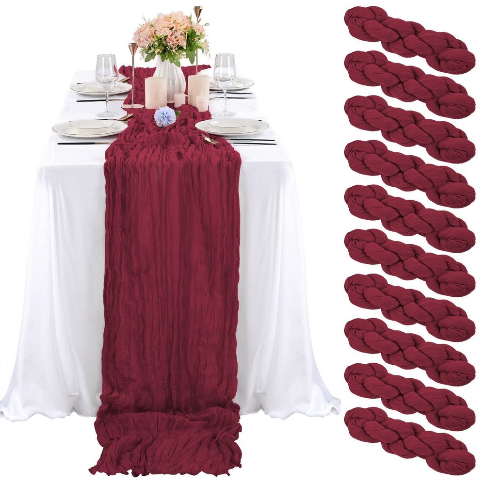 10 Pcs Burgundy Cheesecloth Table Runner 10FT, Gauze Cheese Cloth for Wedding Reception Rustic Sheer Bridal Shower Birthday Party Boho Table Decoration, Romantic Wedding Runner