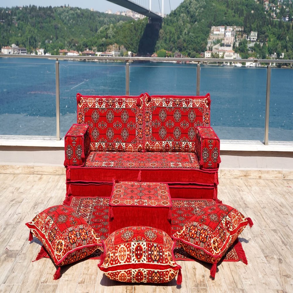 Authentic Red Arabic Sofa, Reading Sofa, Floor Couch, Reading Loveseats, Moroccan Cushion, Ethnic Floor Cushion (Sofa Full Set)