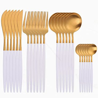 Silverware Flatware Cutlery Set, 24 PCS matte cutlery set silverware set stainless steel cutlery set western kitchen tableware cutlery silverware (Color : White gold)