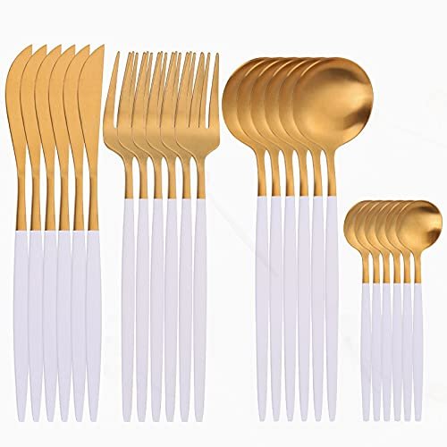 Silverware Flatware Cutlery Set, 24 PCS matte cutlery set silverware set stainless steel cutlery set western kitchen tableware cutlery silverware (Color : White gold)