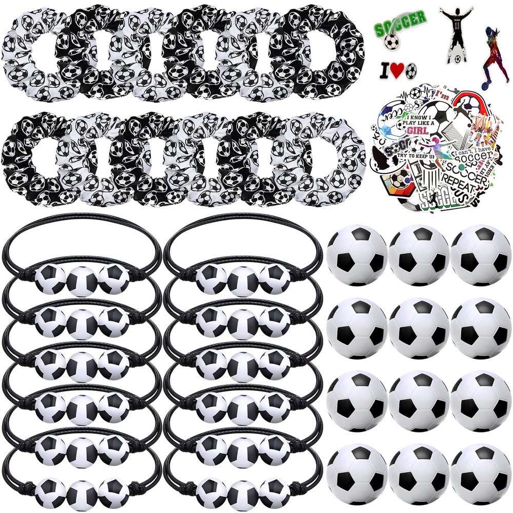 Hoteam 86 Pcs Soccer Party Favors, 50 Sheets Soccer Stickers, 12 Sports Stress Ball, Mini Foam Ball, 12 Charm Bracelets, 12 Scrunchie sport Gifts for Birthday Party Supplies