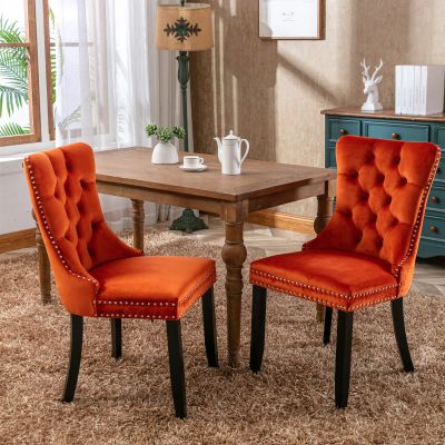 Merax Dining Chair Sets of 2, High-end Tufted Solid Wood Contemporary Velvet Upholstered Dining Chair with Wood Legs & Nailhead Trim (Orange, Modern Style)