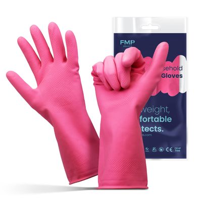 FMP Brands Cleaning Gloves, 3 Pairs Rubber Gloves for Washing Dishes, Non-Slip Dishwashing Gloves, Waterproof Reusable Latex Dish Gloves for Kitchen, Bathroom, Household, Gardening (Large, Pink)