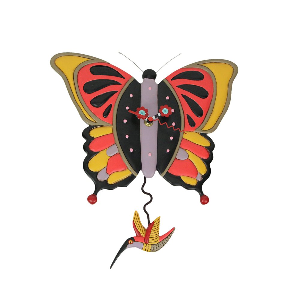Allen Designs Enesco Flutterby Butterfly with Hummingbird Sculpted Pendulum Wall Clock, 13 Inch, Multicolor