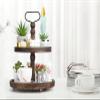 Farmhouse Wooden Decorative Two Tiered Trays+ Pu Leather Tray,Wood 2 Tier Serving Tray Stand for Rustic Table Centerpiece,Kitchen Decor,Coffee Bar, or Cupcake Stand (Brown) view 2