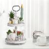 Farmhouse Wooden Decorative Two Tiered Trays+ Pu Leather Tray,Wood 2 Tier Serving Tray Stand for Rustic Table Centerpiece,Kitchen Decor,Coffee Bar, or Cupcake Stand (White) view 2