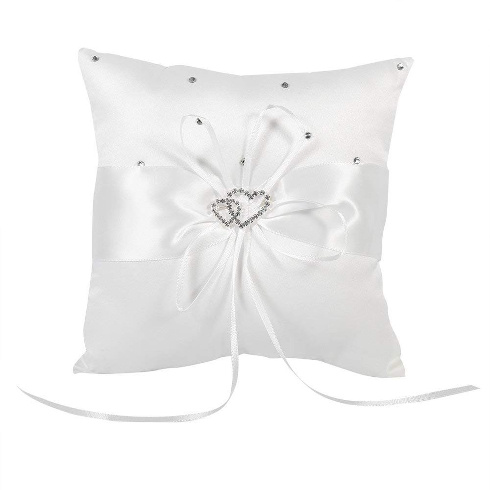 TOPINCN Ring Bearer Pillow 8 x 8 Inch Double Hearts Satin White