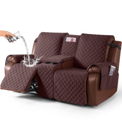 KinCam 100% Waterproof Recliner Loveseat Cover with Console, Non-Slip Reclining Couch Covers for 2 Seat, Recliner Sofa Cover Furniture Protector with Elastic Straps for Kids, Pets, Coffee
