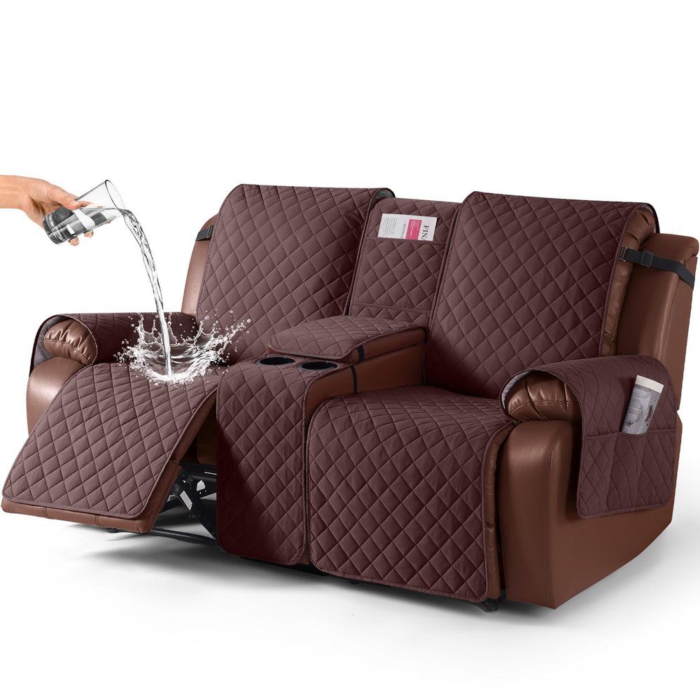 KinCam 100% Waterproof Recliner Loveseat Cover with Console, Non-Slip Reclining Couch Covers for 2 Seat, Recliner Sofa Cover Furniture Protector with Elastic Straps for Kids, Pets, Coffee