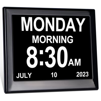 Day Date Time Clock for Seniors Elderly 3 Medication Reminders+ 5 Custom Reminders Digital Calendar Dementia Impaired Vision Memory Loss Clock(Black,8-inch)