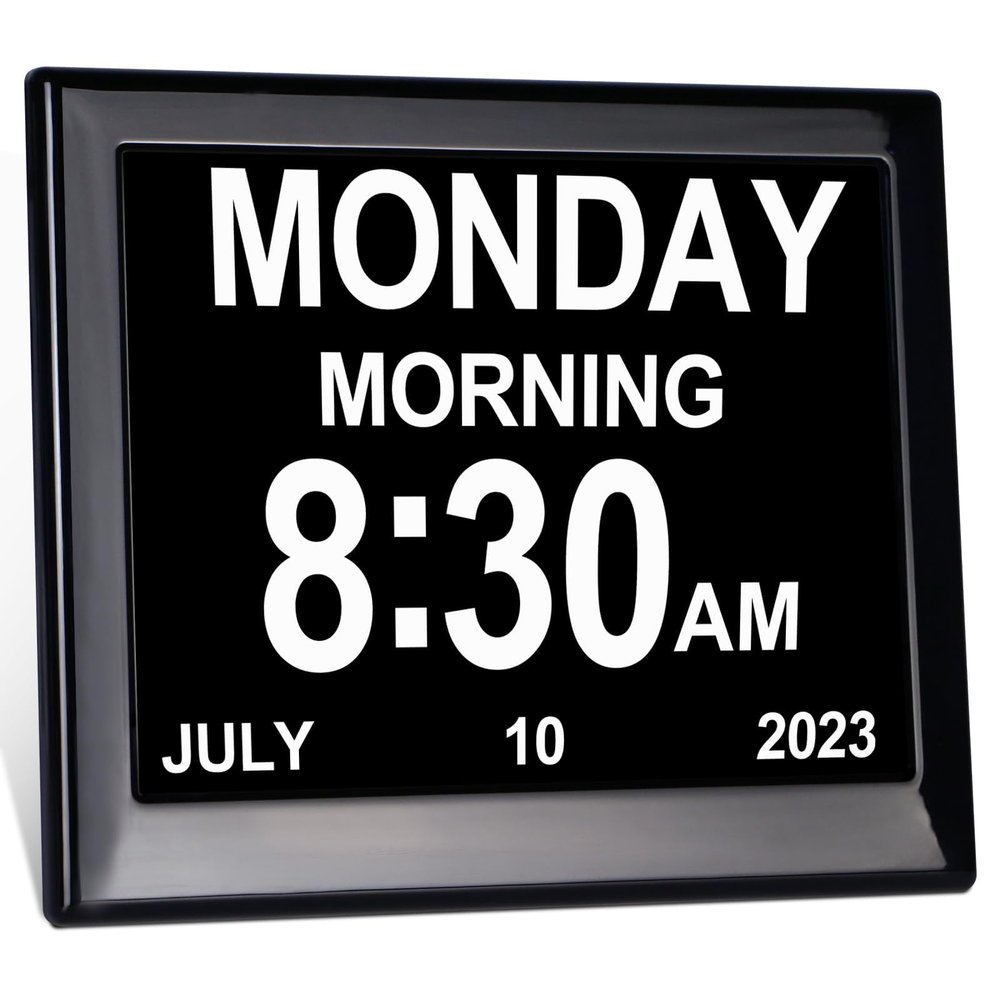 Day Date Time Clock for Seniors Elderly 3 Medication Reminders+ 5 Custom Reminders Digital Calendar Dementia Impaired Vision Memory Loss Clock(Black,8-inch)