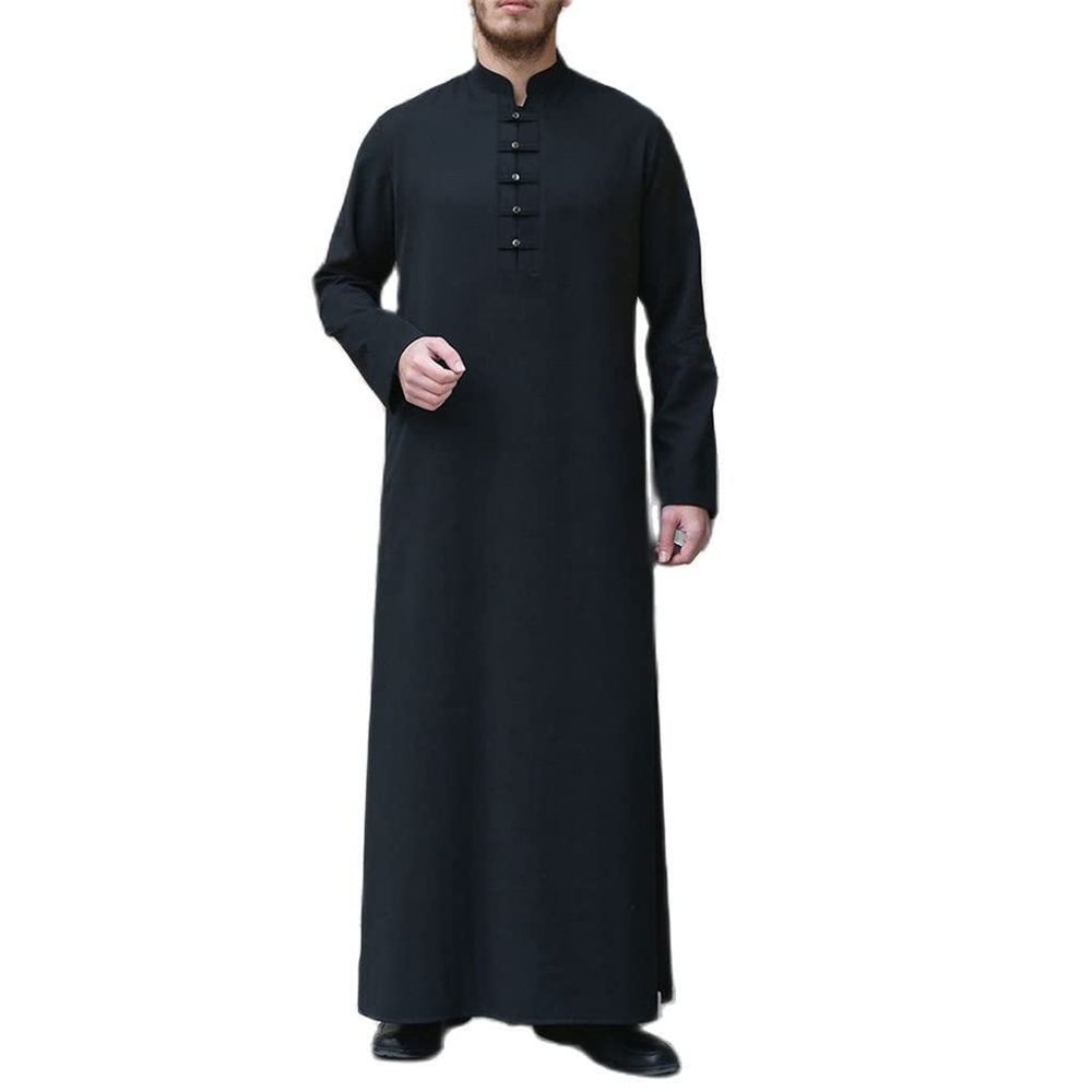 XSION Men's Muslim Dresses Long Sleeves Saudi Arab Thobe Middle East Long Gown Islamic Dubai Robe Kaftan Costume (Color : Black, Size : Medium)