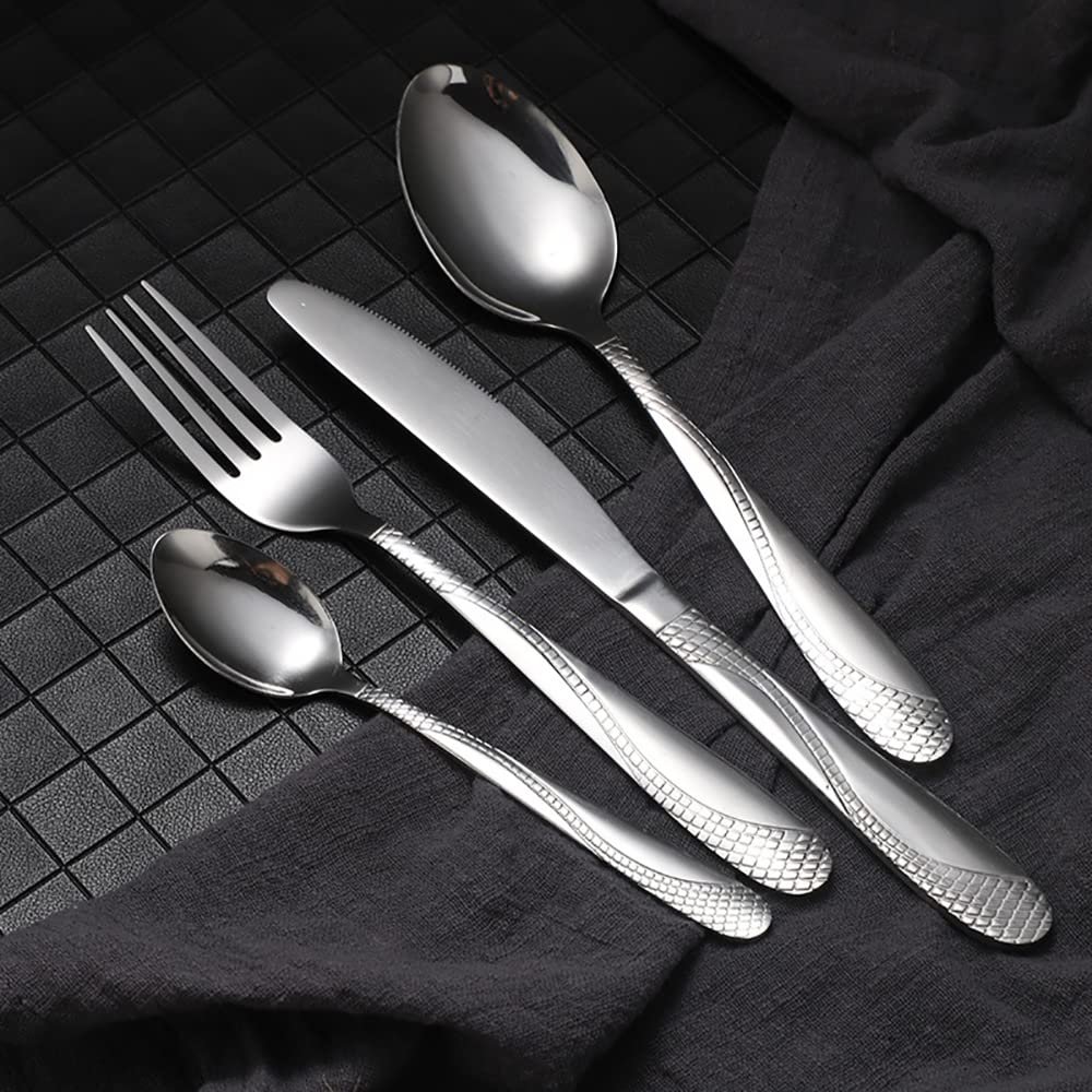 16 Pieces Silver Silverware Set, IKXO Modern Stainless Steel Flatware Set for 4, Mirror Polished Tableware Cutlery Set for Home and Restaurant, Include Knife/Spoon and Fork, Dishwasher Safe