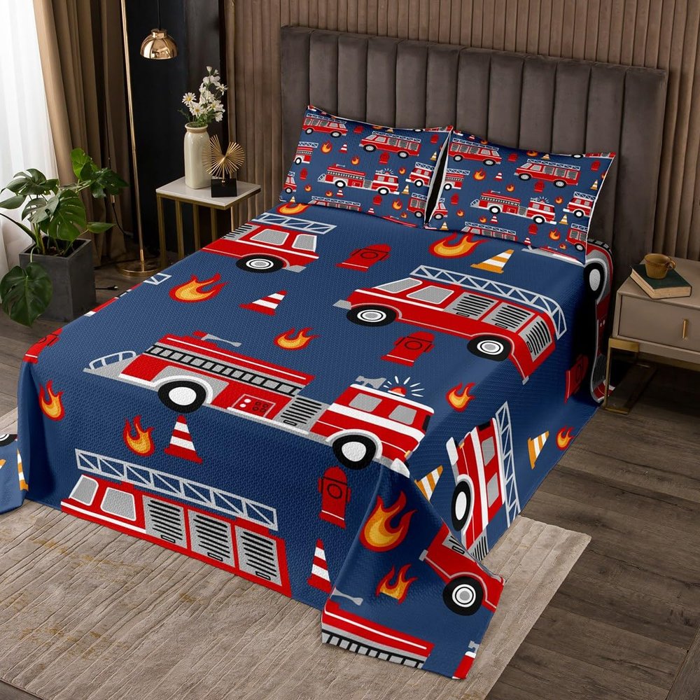 Firefighting Truck Bedspread Twin,Fire Truck Coverlet Set 2pcs for Kids Teens Boys Adults Room Decor,Western Emergency Rescue Vehicle Quilted Coverlet,Red Blue Bedding Quilt with 1 Pillowcase