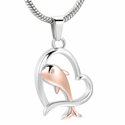 SHEIL Dolphin Heart Cremation Urn Pendant Necklace - 316L Stainless Steel Memorial Jewelry for Human/Pet Ashes