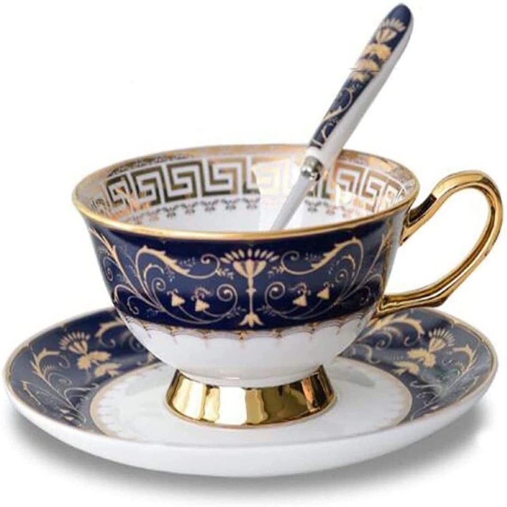 Coffee Cup Euro Style Cup& Saucer Set Art Bone China Ceramic Tea Coffee Cup For Breakfast Home Kitchen (Color : Deep Blue)