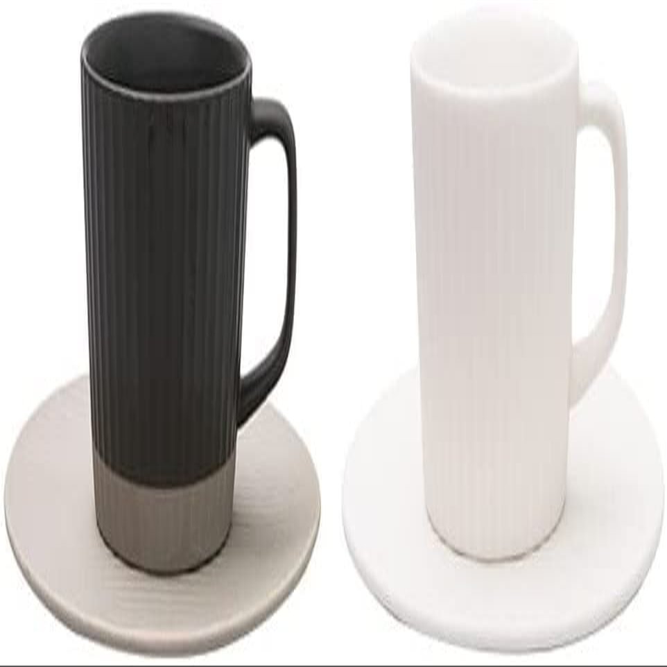 2 Pieces of Stoneware Cappuccino Cups and Saucers Simple Vertical Grain Texture 7oz Large Capacity Coffee Cup and Saucer Set Large Office and Home Cups