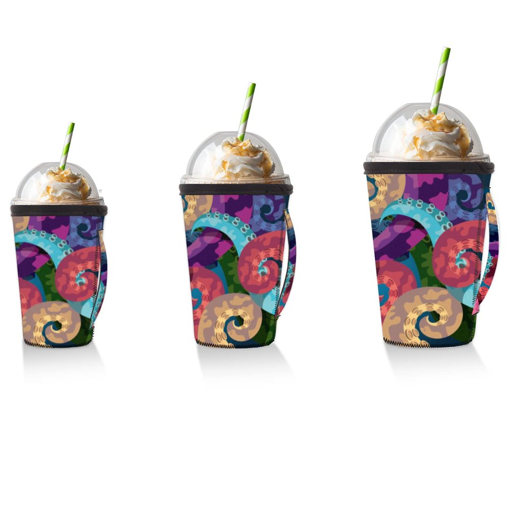 Interesting Octopus Whiskers Reusable Iced Coffee Cup Sleeve Colorful Octopus Whiskers Hot Insulator Sleeve Neoprene Cup Holder with Handle for Soda Coffee Latte Cups (16 oz)