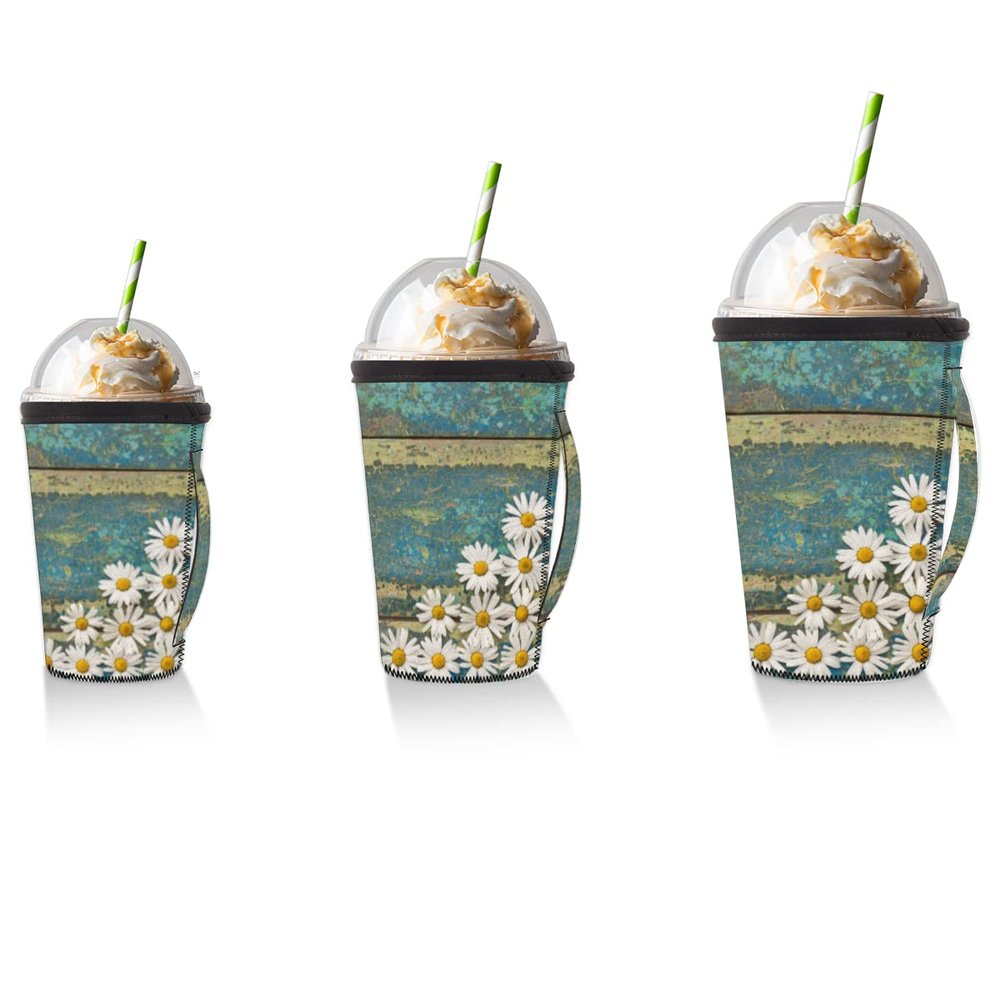 Sunflower and Dilapidated Wooden Board Reusable Iced Coffee Cup Sleeve Daisy Hot Insulator Sleeve Neoprene Cup Holder with Handle for Soda Coffee Latte Cups (16 oz)