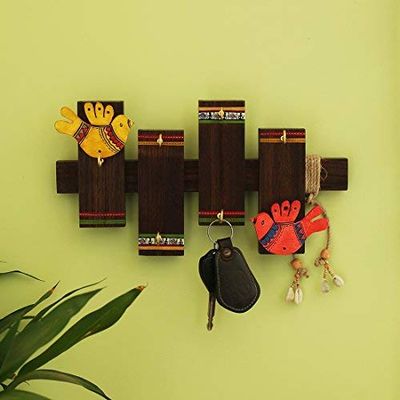 Western Eiderdown Presents Birds On Planks' Warli Hand-Painted Home Decorative Key Hanger Stand Wall Hanging Wooden Key Holder (6 Hooks) #Aport-117