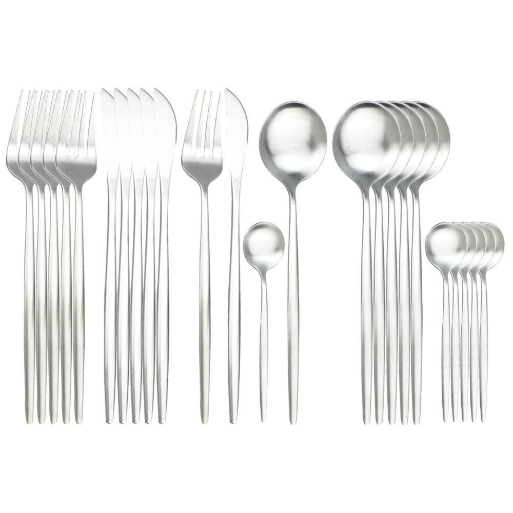 Silverware Flatware Cutlery Set, 24PCS Cutlery Set Stainless Steel Dinnerware Set Knife Fork Coffee Spoon Tableware Set Kitchen Party Dinner Tableware Set (Color : Silver)