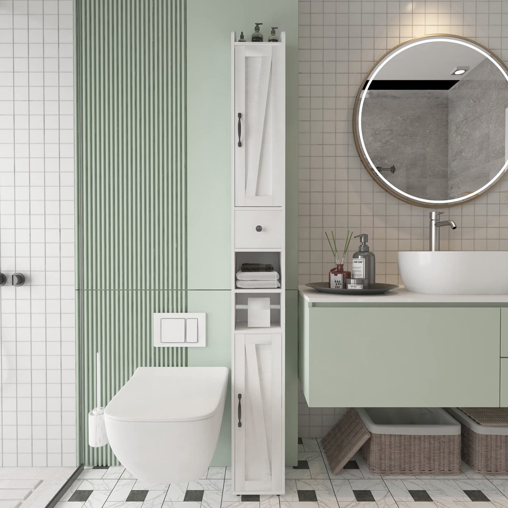 Tall Bathroom Storage Cabinet with Adjustable Shelves, Narrow Storage Cabinet with 2 Doors, Drawer, Toilet Paper Holder, Slim Storage Cabinet for Small Space, Kitchen, Laundry, Entryway, White