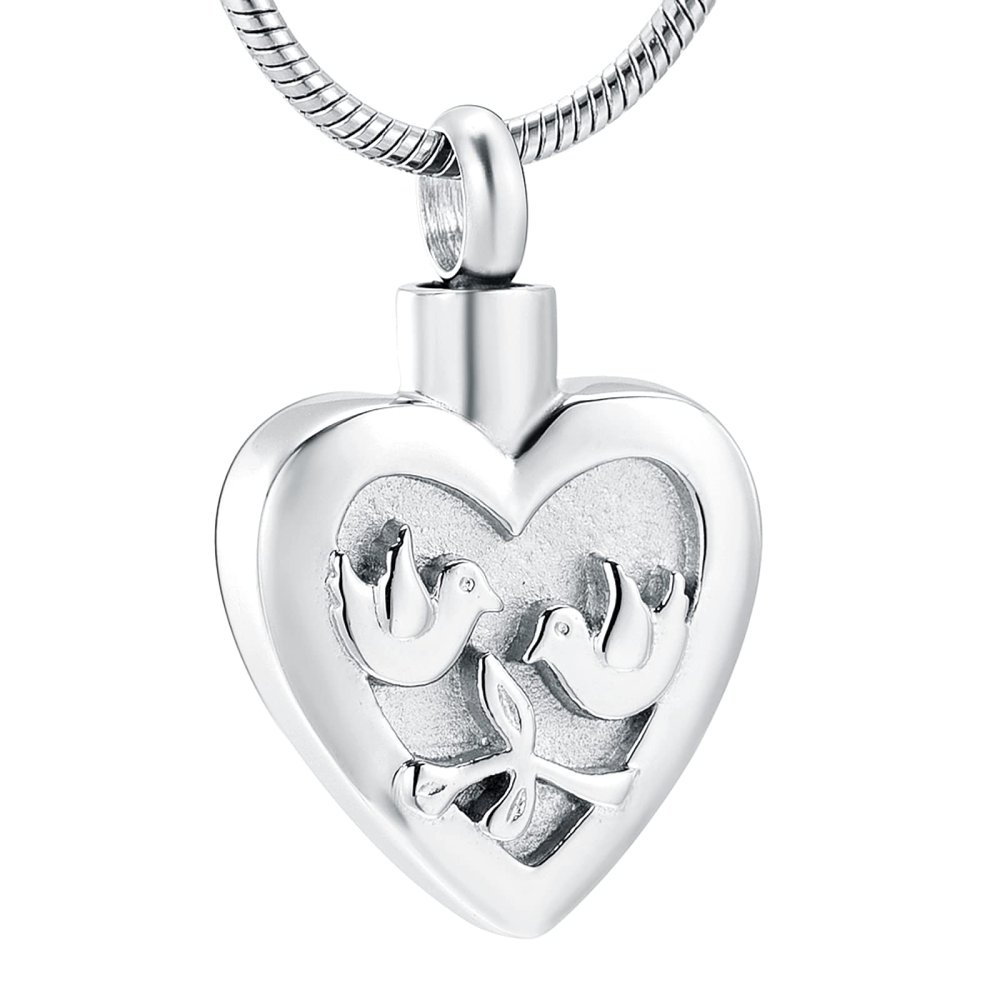 SHEIL Lovely Pet Dove Heart Pendant Peace Bird with Olive Branch Cremation Necklace Vintage Wing Pigeon Animal Cremation Pendant