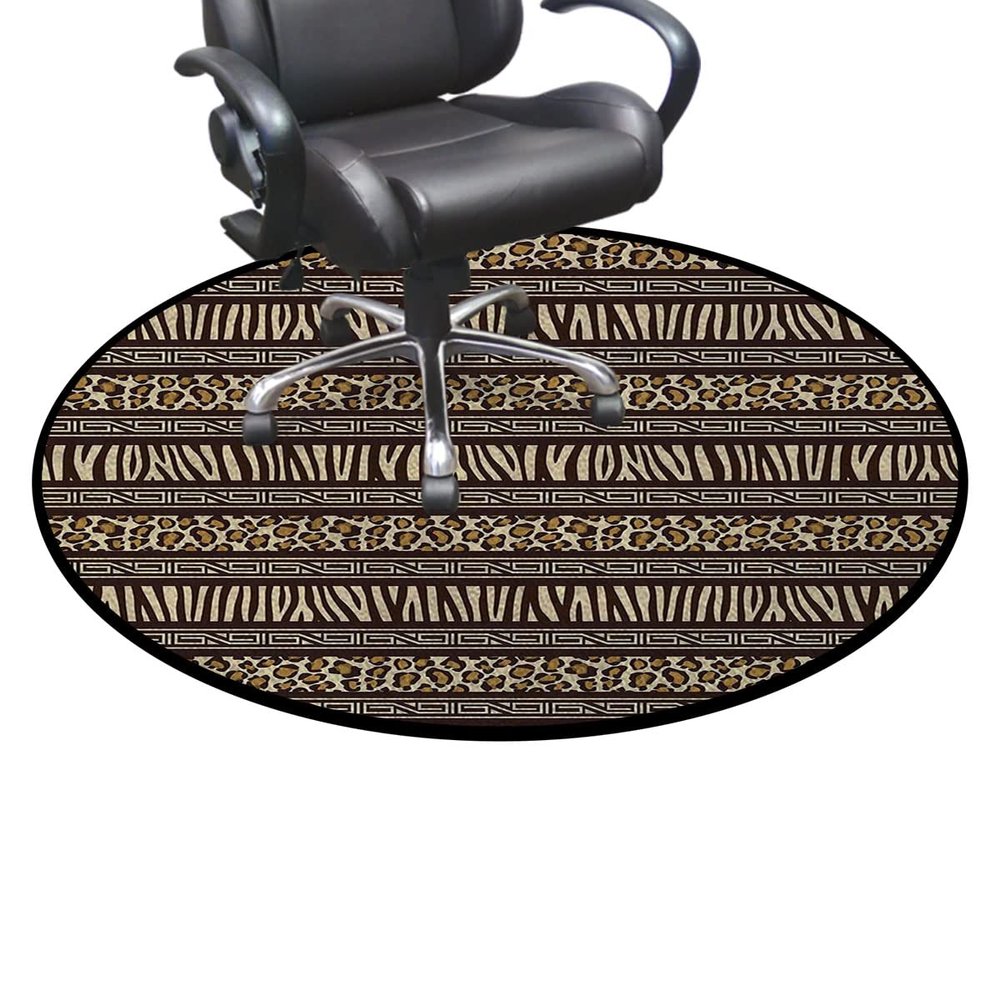 Brown Yellow Round Office Chair Mats Home Rolling Gaming Chair Mat Leopard World Brownish Geometric Anti-Slip Hardwood Floor Mats Carpeted Floor Protector Mats Leopard Print Decor Diameter 36 in