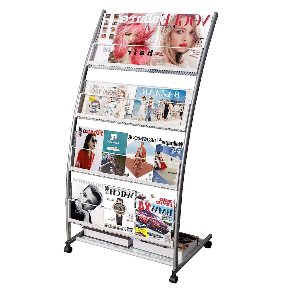 LIWSHWZ Magazine Rack Floor Standing,Brochure Display Stand, 4 Pockets Metal Literature Stand,Newspaper Rack with Wheels for Trade Show Exhibitions Office Retail Store