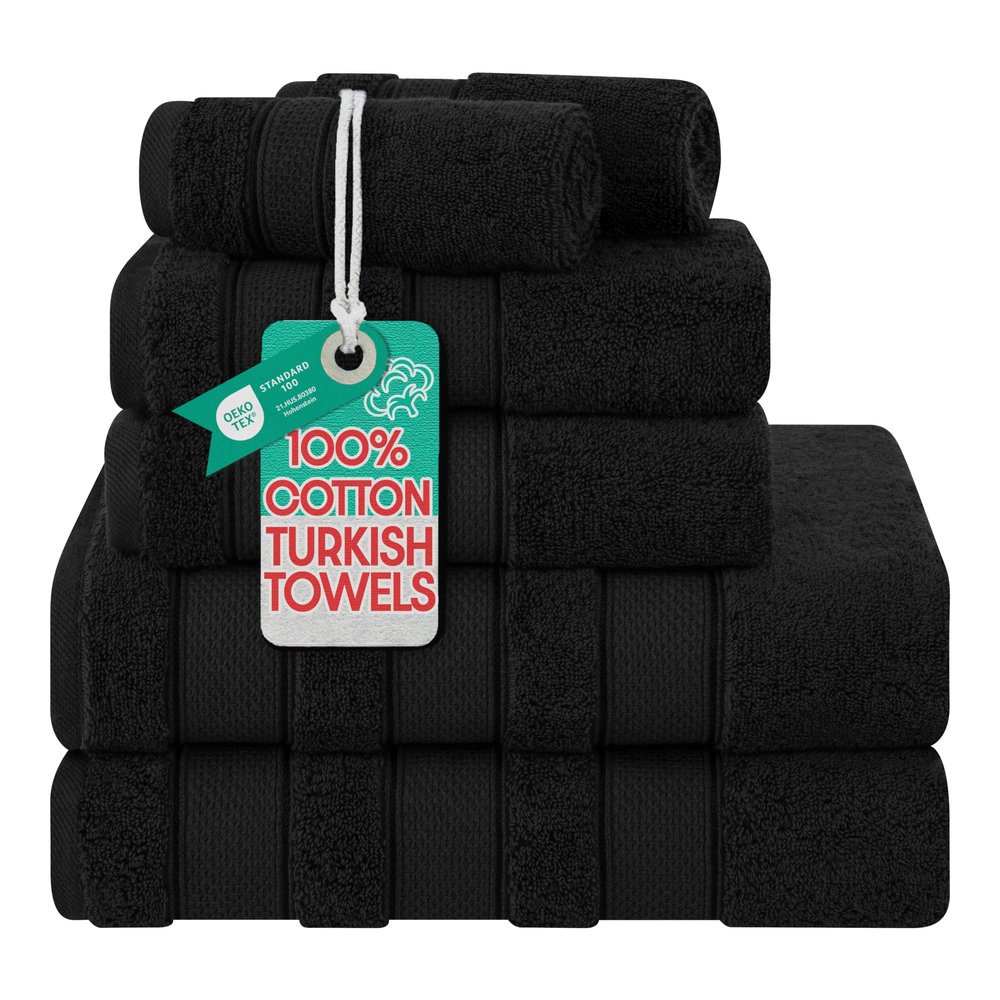 American Soft Linen Salem Turkish Bath Towel Set, 100% Cotton 600 GSM 6 Piece Towels for Bathroom, 2 Bath Towels 2 Hand Towels 2 Washcloths, Black