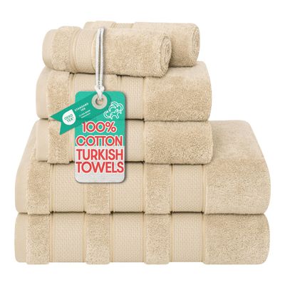American Soft Linen Salem Turkish Bath Towel Set, 100% Cotton 600 GSM 6 Piece Towels for Bathroom, 2 Bath Towels 2 Hand Towels 2 Washcloths, Beige