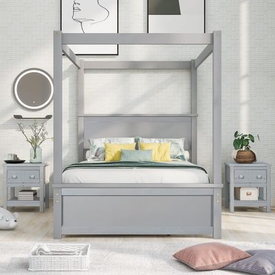 Full Size Wood Canopy Bed with Trundle Bed and Two Nightstand, Modern Bedroom Set for Kids Girls Boys Teens,Can Be Freely Decorated (Gray+Bedroom Set)